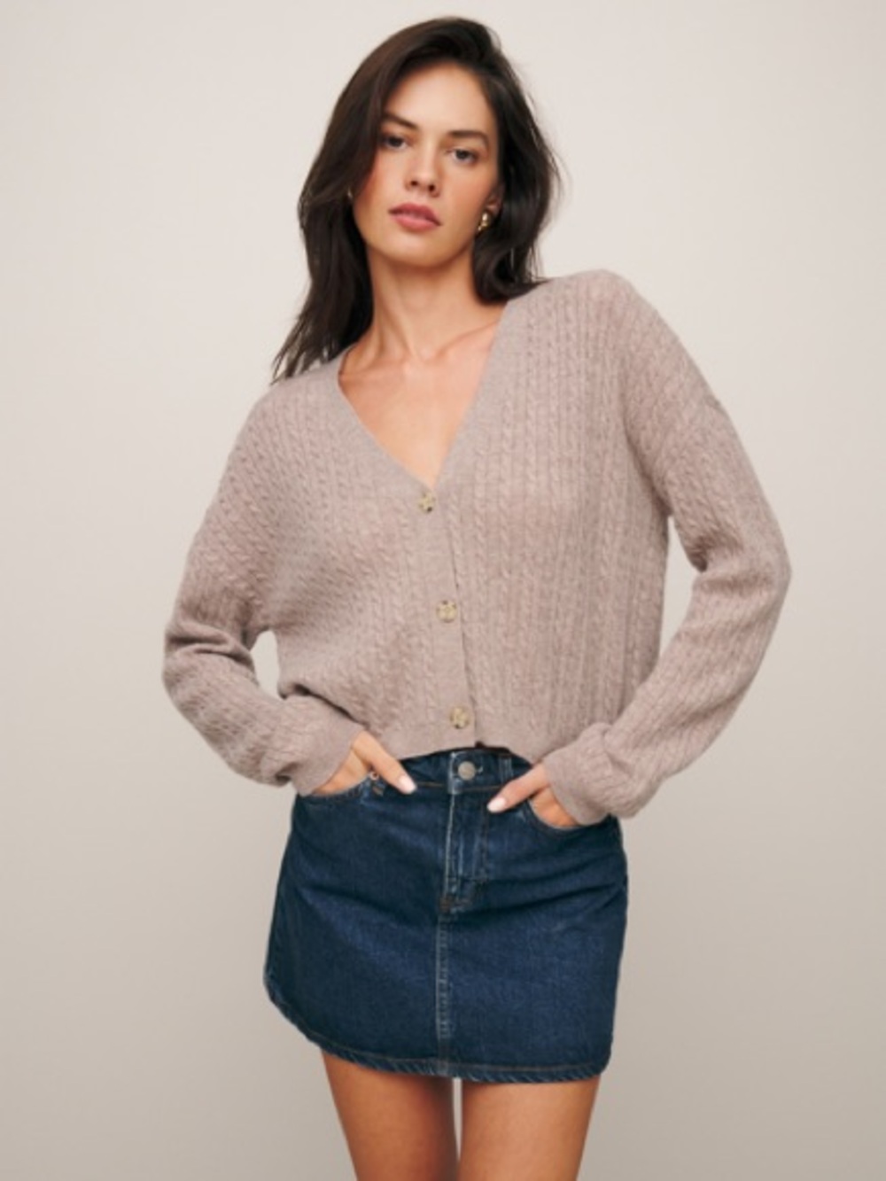 Reformation Giusta Cashmere Cable Knit Cropped Cardigan Sweater Oatmeal S NWOT